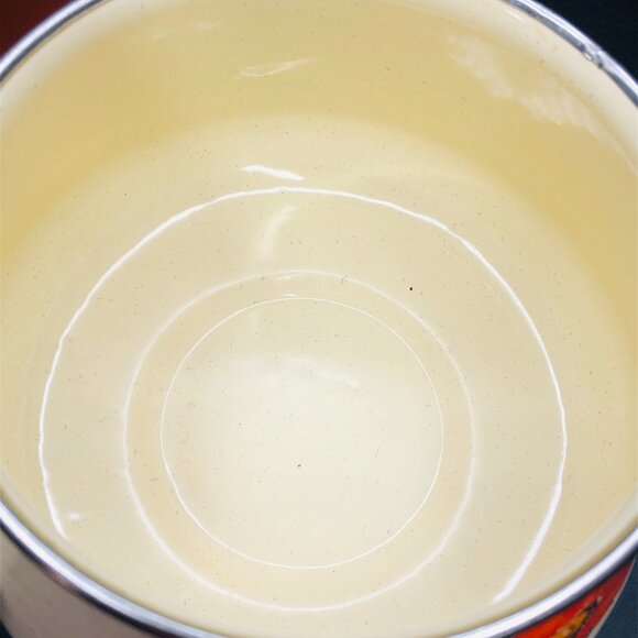 70s Valencia Enamel Fondue Pot with Brown Lid Orange Poppies Wood Knob Handle - Picture 6 of 10